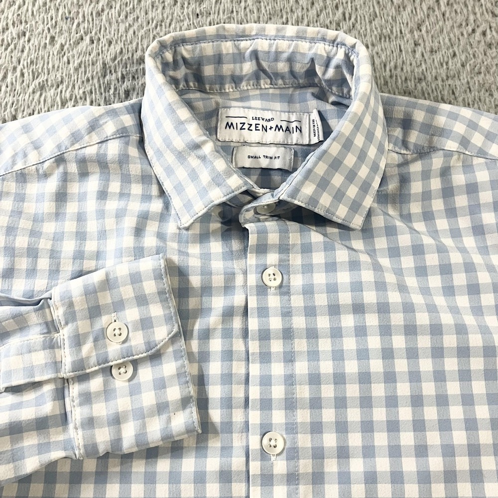 Mizzen+Main Shirt Mens Small Blue Gingham Leeward Trim Fit Dress Long Sleeve‎